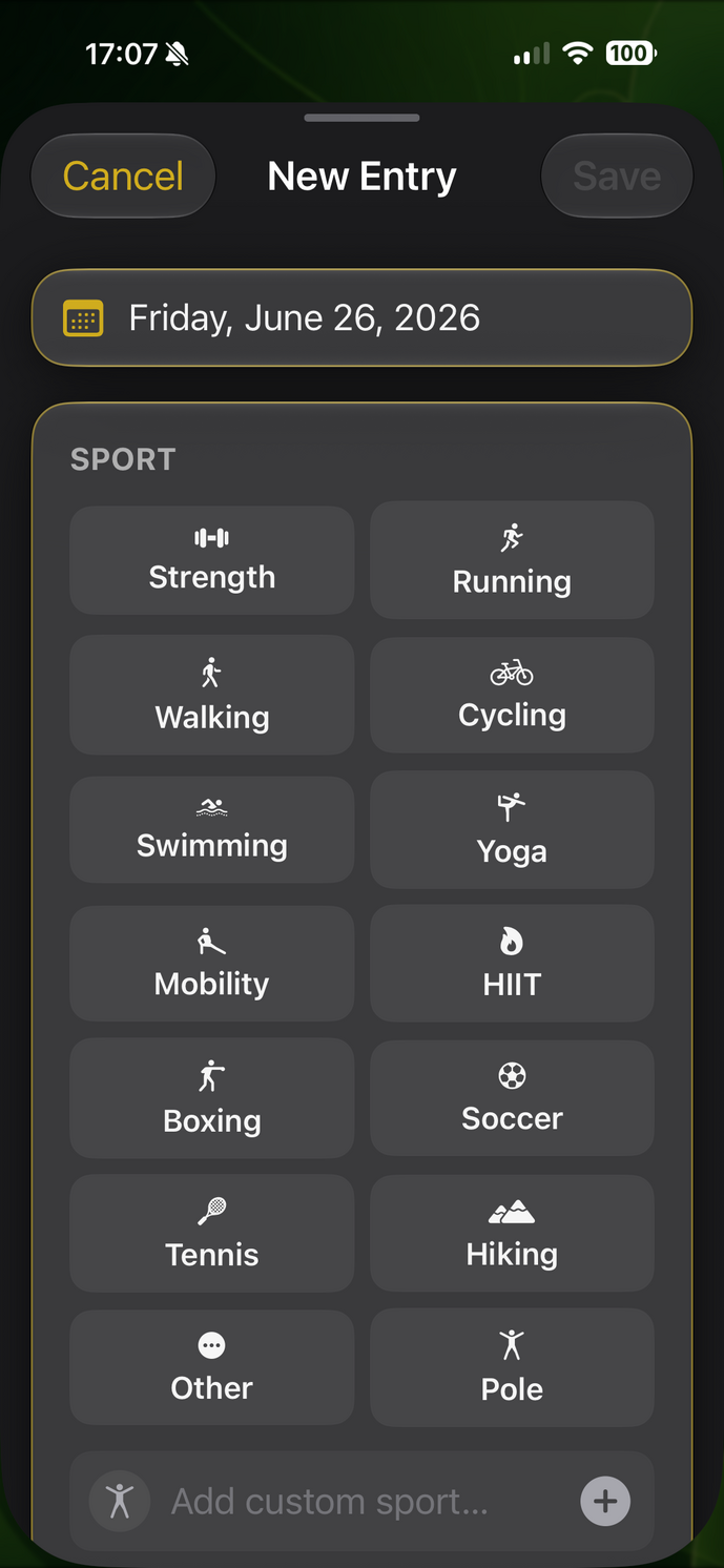 SimpleFit Neuer Eintrag: Sportart wählen, schnell erfasst
