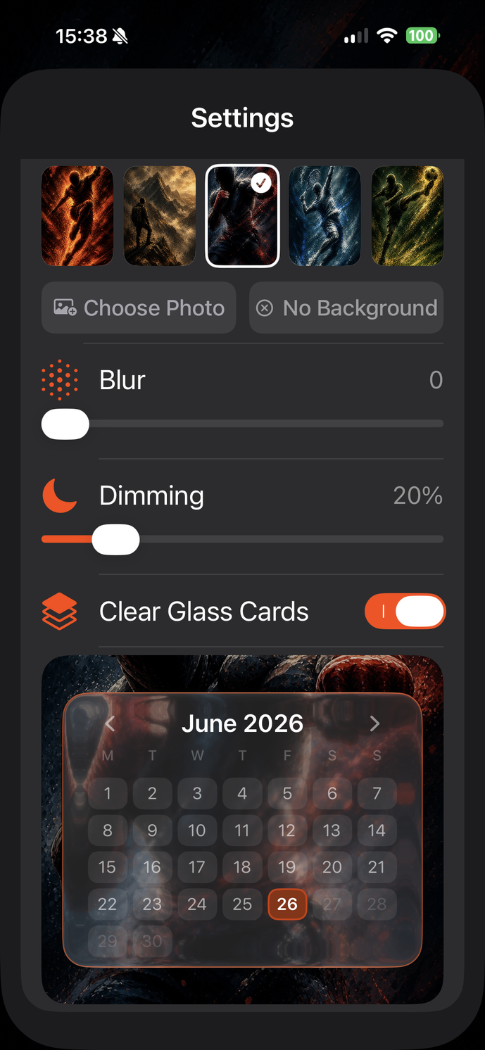 SimpleFit Glas-Einstellungen: Blur, Dimming und Clear Glass Cards