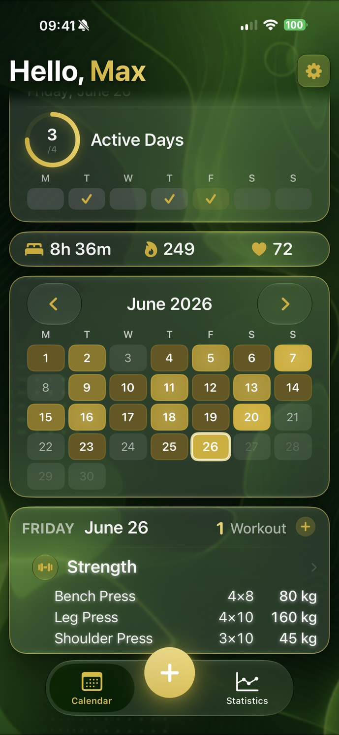 SimpleFit Startbildschirm mit Heatmap-Kalender, Apple Health (Schlaf, Move, Ruhepuls) und Kraft-Eintrag