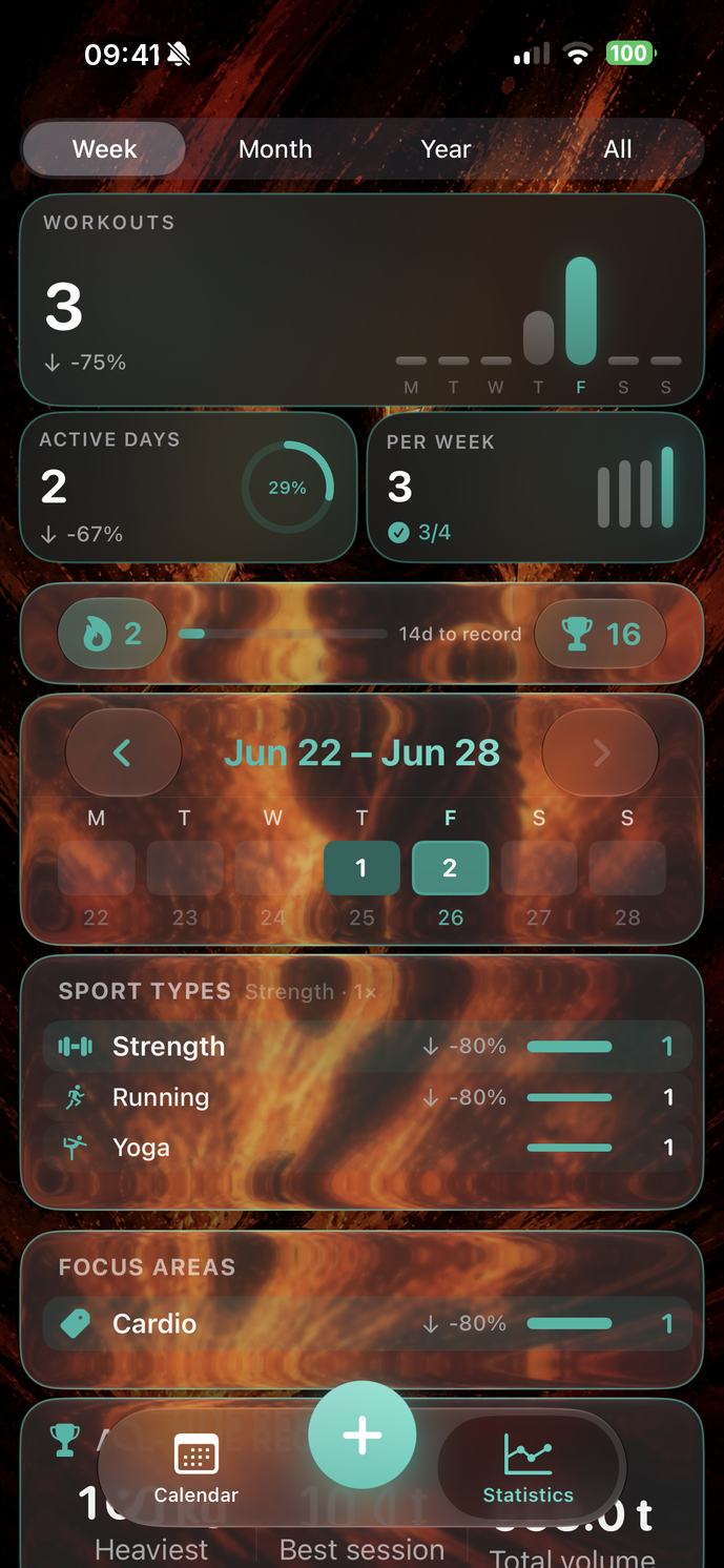SimpleFit Wochenübersicht mit Sportarten und Fokus, lebendiger Hintergrund