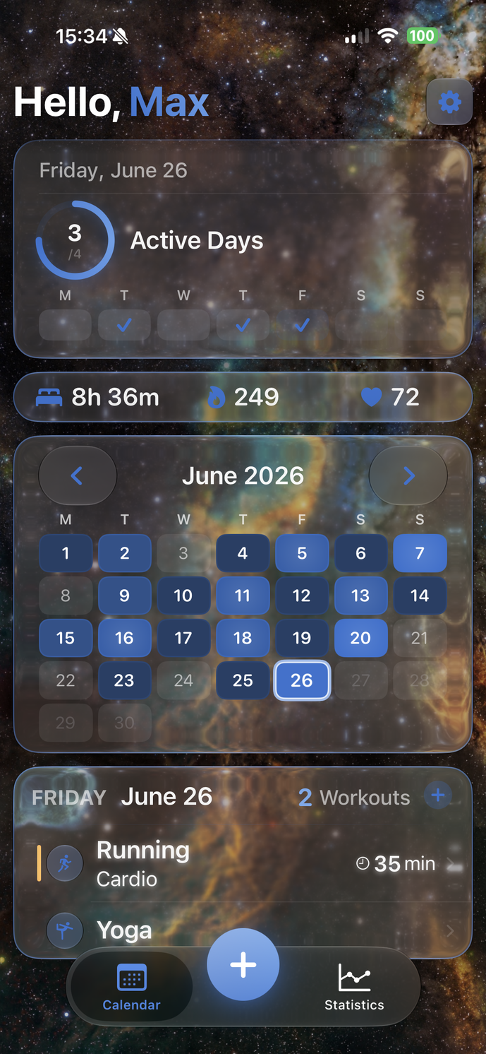 SimpleFit Heatmap-Kalender mit Aktive-Tage-Ring, Apple Health und Wochenzielen, Blau
