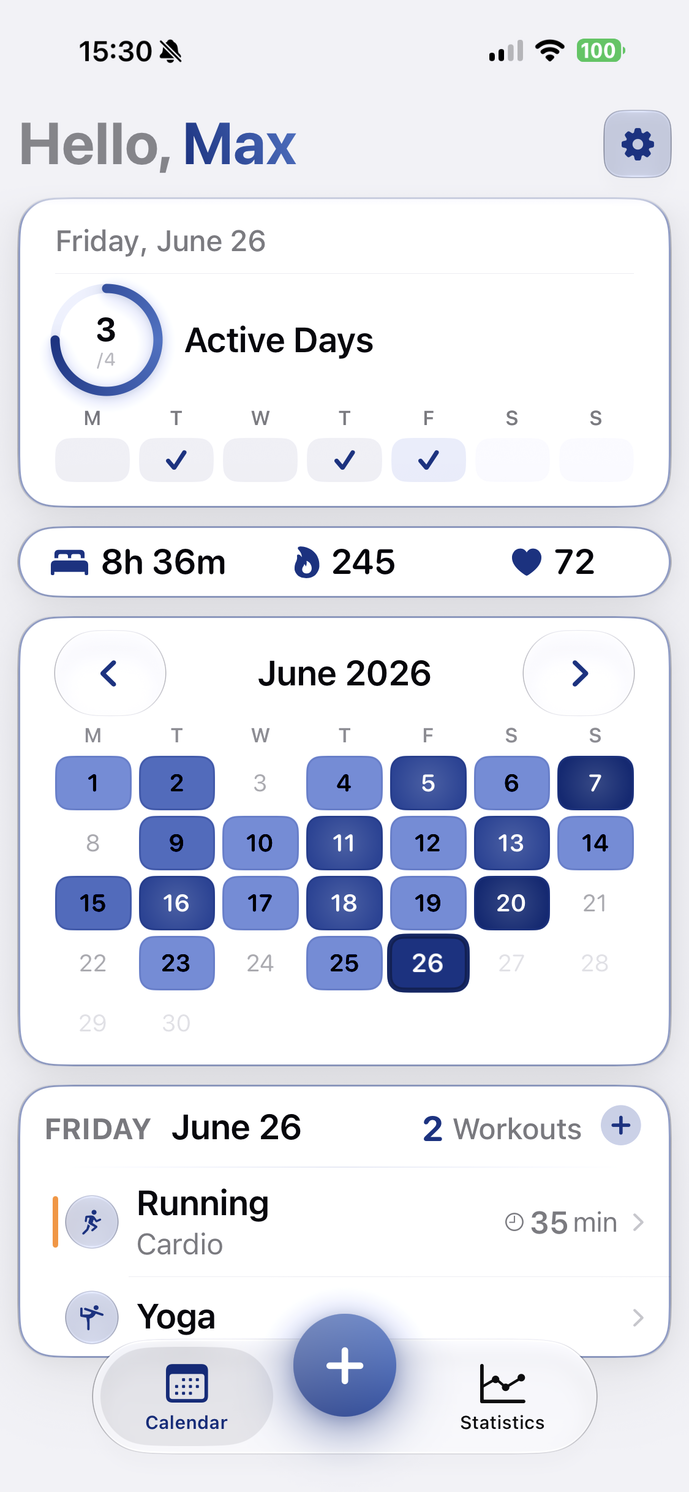 SimpleFit Startbildschirm im Light Mode