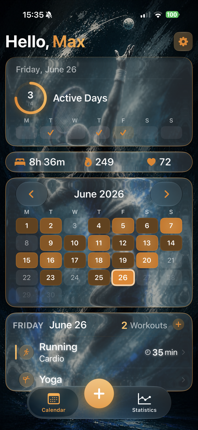 SimpleFit mit Foto-Hintergrund und Liquid Glass