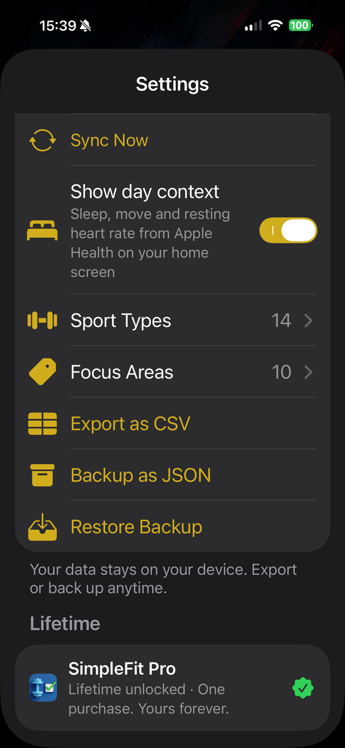 SimpleFit Apple Health Import, CSV/JSON Export, iCloud Sync und lokale Daten