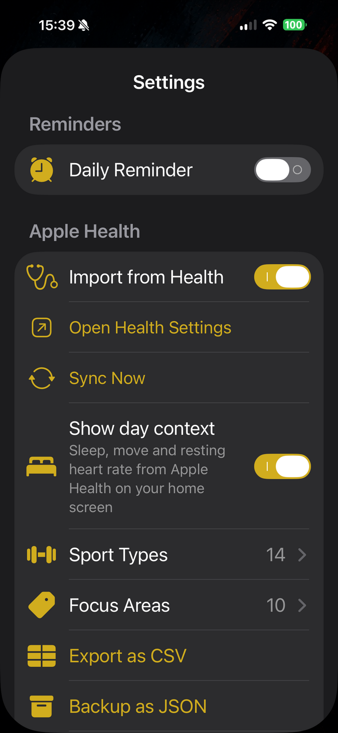 SimpleFit Einstellungen: Erinnerungen und Apple Health