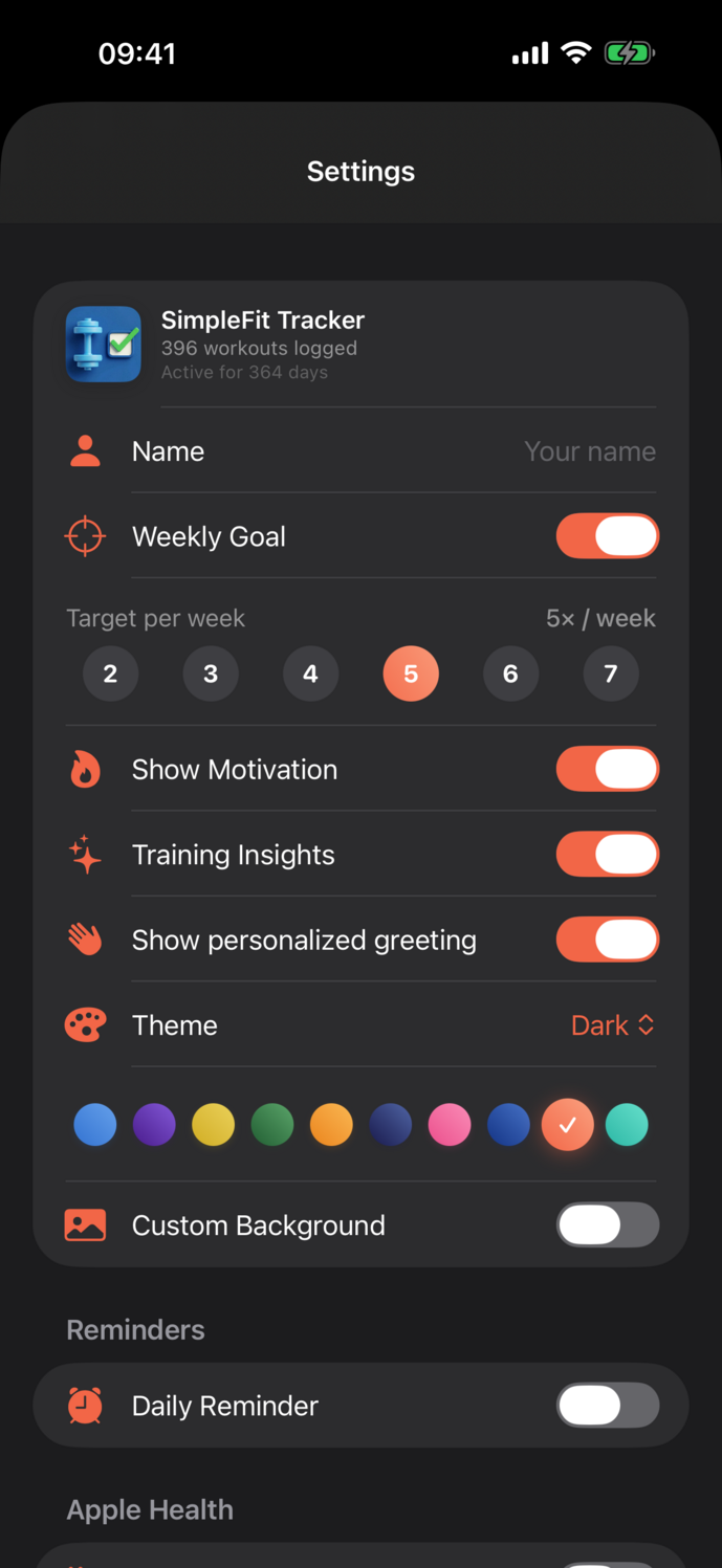 SimpleFit Einstellungen: Name, Wochenziel, Motivation und Theme